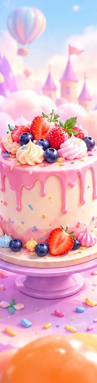 A berry layer cake with a pink drip, photographed straight on